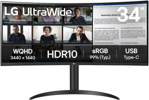 LG 34WR55QK Curved Monitor, 34" VA Display, WQHD Resolution, 100Hz Refresh Rate, 5ms (GtG @ Faster) Response Time, 16.7m Color Display,, USB Type-C with 65W Power Delivery, Black