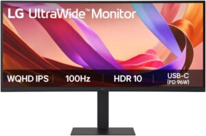 LG UltraWide Curved Monitor, 34" IPS Display, WQHD Resolution, 100Hz Refresh Rate, 5ms (GtG @ Faster) Response Time, 3800R Curvature, 1.07b Color Display, Black
