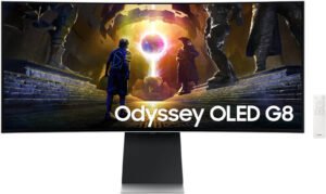 SAMSUNG G855D Odyssey G8 Smart Gaming Monitor, 34" OLED Display, UWQHD Resolution, 175Hz Refresh Rate, 0.03ms (GtG) Response Time, AMD FreeSync Premium Pro & G-Sync Technology, Silver