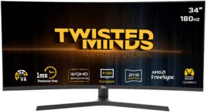 Twisted Minds Eclipse Pro Series Curve Gaming Monitor, 34" WQHD LCD Display, 180Hz Refresh Rate, Curved 1500R, FreeSync & G-Sync Technology, HDR 10, 1.07B Colors, Black