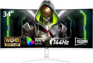 AESNO AE340QA Curved Gaming Monitor, 34" Display, UWQHD Resolution, 144Hz Refresh Rate, 1ms Response Time, 1500R Curvature, Adaptive-Sync Technology, White