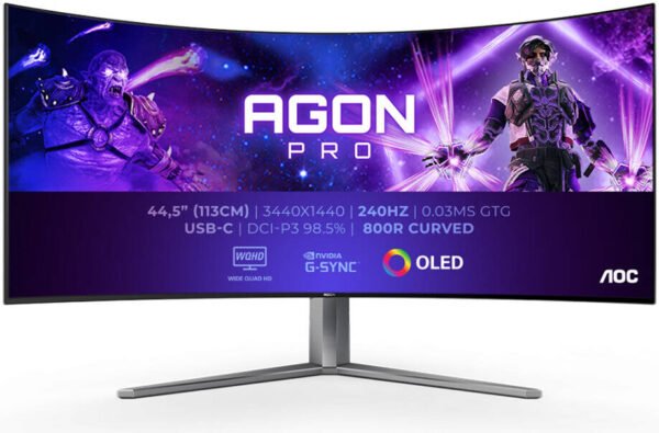 AOC Agon PRO AG456UCZD Curved Gaming Monitor, 45" OLED Display, WQHD Resolution, 240Hz Refresh Rate, 0.03ms (GtG) Response Time, G-Sync Compatible, Adaptive Sync Technology, Black
