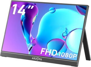 ARZOPA A1S Portable Monitor, 14" IPS Display, Full HD Resolution, 60Hz Refresh Rate, HDR, Low Blue Light, Built-in Speakers, Auto Rotate, Type-C Data Transmission, Gray
