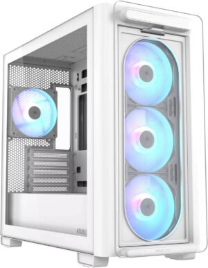 ASUS A23 Plus Computer Case, 4x Pre-Installed aRGB Fans, Up to 360mm Radiator & 7x 120mm Fan Support, 380mm Graphics Card Compatible, Front Panel USB Type-C I/O, White