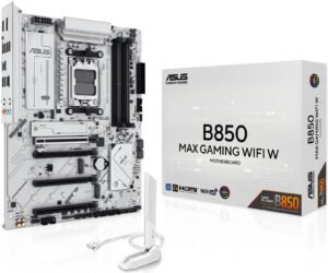 ASUS B850 MAX Gaming WIFI AM5 ATX Motherboard, AMD B850 Chipset, 4x DIMM DDR5 Slots, Up to 256GB Max Memory, 1x PCIe 5.0 x16, 3x M.2 Slots, Wi-Fi 6E & BT 5.3, White
