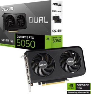ASUS Dual GeForce RTX 5050 OC Edition Graphics Card, 8GB GDDR6 128-Bit Memory, 2647 MHz Boost Clock, 20 Gbps Memory Speed, 2560 CUDA Cores, PCI Express 5.0, Black