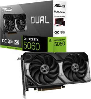 ASUS Dual GeForce RTX 5060 OC Edition Graphics Card, DUAL-RTX5060-O8G, 8GB GDDR7 128-Bit Memory, 2565 MHz Boost Clock, 28 Gbps Memory Speed, 3840 CUDA Cores, PCI Express 5.0