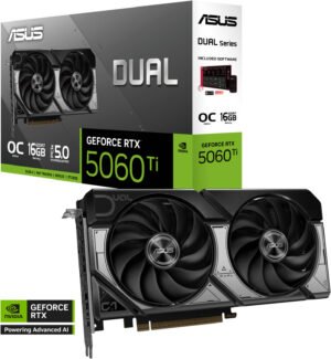 ASUS Dual GeForce RTX 5060 Ti OC Edition Graphics Card, 16GB GDDR7 128-Bit Memory, 2602 MHz Boost Clock, 28 Gbps Memory Speed, 4608 CUDA Cores, PCI Express 5.0