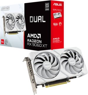 ASUS Dual Radeon RX 9060XT White Edition Graphics Card, 16GB GDDR6, Up to 3250MHz, PCIe 5.0, 2 x DisplayPort 2.1, 1 x HDMI 2.1 VRR Port, Axial-Tech Dual Fan Design, Black