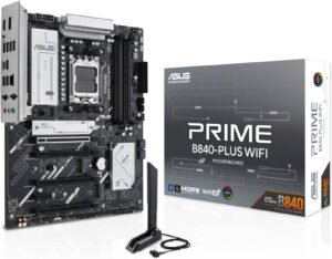 ASUS PRIME B840-Plus Wi-Fi AM5 ATX Motherboard, AMD B840 Chipset, 4x DIMM DDR5 Slots, Up to 192GB Max Memory, 1 x PCIe 4.0 x16 SafeSlot Core+, 3 x M.2 Slots, WiFi & BT Connectivity