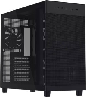 ASUS Prime AP303 Tempered Glass Computer Case, 1x 120mm Pre-Installed Fan, Up to 360mm Radiator Support & 4x 120mm Fan Support, Quasi-Filter Mesh Panels, Black