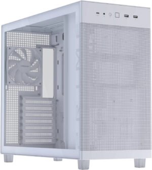 ASUS Prime AP303 Tempered Glass Computer Case, 1x 120mm Pre-Installed Fan, Up to 360mm Radiator Support & 4x 120mm Fan Support, Quasi-Filter Mesh Panels, White