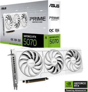 ASUS Prime GeForce RTX 5070 12GB OC Edition Graphics Card, GDDR7 192-Bit Memory, 2557MHz Boost Clock, 6144 CUDA Cores, 28 Gbps Memory Speed, PCI Express Gen 5, White