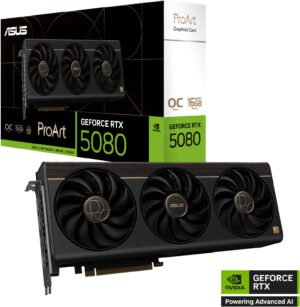 ASUS ProArt GeForce RTX 5080 16GB GDDR7 OC Edition 16GB Graphics Card, GDDR7 256-Bit Memory, 2700 MHz Boost Clock, 10752 CUDA Cores, 30 Gbps Memory Speed, PCI Express 5.0