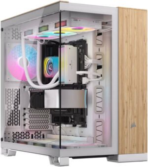 Corsair 6500X Mid-Tower Computer Case, Up to 360mm Radiator & 10x Fan Support, Tempered Glass, Dual Chamber, Modern Front Panel I/O, Wide Cooling Flexibility, White / BambooWood