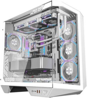 DarkFlash DY470 ATX Computer Case, 4x Pre-Installed aRGB Fans, 360mm Radiators, Up to 10x 120mm Fan Support, Cable Management Panel, 330° Immersive Panoramic View, 3 Glass Panels, Ice White