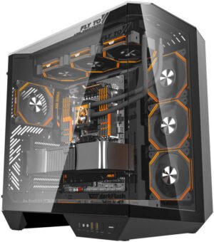 DarkFlash DY470 ATX Computer Case, 4x Pre-Installed aRGB Fans, 360mm Radiators, Up to 10x 120mm Fan Support, Cable Management Panel, 330° Immersive Panoramic View, 3 Glass Panels, Shadow Black