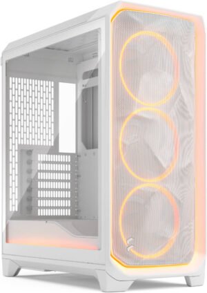 Fractal Design Meshify 3 Ambience Pro RGB ATX Mid Tower Computer Case, 3x Momentum 14 Fans, Up to 360mm Radiator & 6x Fan Support, Cable Organizers, Clear Tint Glass Panel, White