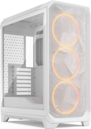 Fractal Design Meshify 3 RGB ATX Mid Tower Computer Case, 3x Momentum 14 Fans, Up to 360mm Radiator & 6x Fan Support, Cable Organizers, Clear Tint Glass Panel, White