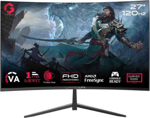 GAMEON GOC27F120VA Pro Series Curved Gaming Monitor, 27" VA Display, FHD Resolution, 120Hz Refresh Rate, 1ms Response Rate, AMD FreeSync Technology, HDMI 2.1, Black