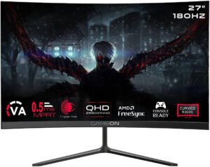 GAMEON GOC27Q180VA Curved Gaming Monitor, 27" VA Display, QHD Resolution, 180Hz Refresh Rate, 0.5ms MPRT Response, AMD FreeySync Technology, 16.7M Display Colors, Black