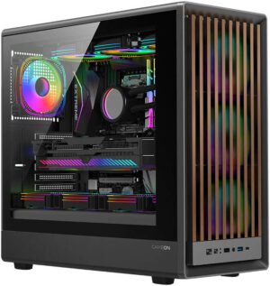 GAMEON TIMBERI Midnight Series Mid Tower Gaming Case, 7x 120mm Pre-Installed ARGB+PWM Fans, 360mm Radiator Support, 7 Expansion Slots, Premium Build With SPCC Iron, Wood/Black