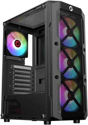 GAMEON TRIDENT III-M POWERFORGE Series Mid Tower Gaming Case, 4x 120mm LED Luminous Pre-Installed Fans, Pre-Installed 750W Power Supply, 240mm Radiator Support, Black
