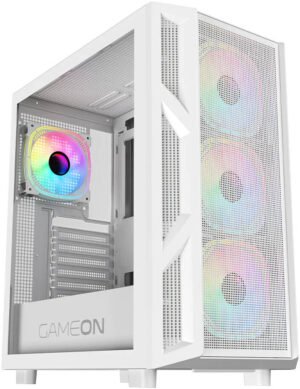 GAMEON Trident IV-A POWERFORGE Series Mid Tower Gaming Case, 4x 120mm Pre-Installed ARGB+PWM Fans, Pre-Installed 750W Power Supply, 280mm Radiator, Tempered Glass Side Panel, White