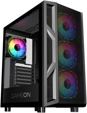 GAMEON Trident IV-M POWERFORGE Series Mid Tower Gaming Case, 4x 120mm ARGB + PWM Pre-Installed Fans, Pre-installed 750W PSU, 280mm Radiator Support, Tempered Glass Side Panel, Black