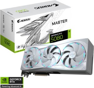 GIGABYTE AORUS GeForce RTX 5080 MASTER ICE Graphics Card, 16GB GDDR7 256-Bit Memory, 2805 MHz Core Clock, 30 Gbps Memory Clock, 10752 CUDA Cores, PCI-Express 5.0, White