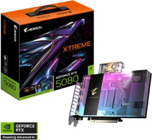 GIGABYTE AORUS GeForce RTX 5080 XTREME WATERFORCE WB Graphics Card, 16GB GDDR7 256-Bit Memory, 2805 MHz Core Clock, 10752 CUDA Cores, 30 Gbps Memory Speed, PCI Express 5.0