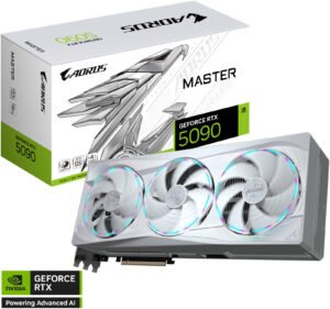 GIGABYTE AORUS GeForce RTX 5090 Master Ice Graphics Card, 32GB GDDR7 512-Bit Memory, 2655 MHz Boost Clock, 21760 CUDA Cores. 28 Gbps Memory Speed, PCI Express 5.0, White