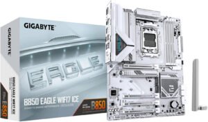 GIGABYTE B850 EAGLE WIFI7 ICE AM5 ATX Motherboard, AMD B850 Chipset, 4x DDR5 DIMM Slots, 256GB Max Memory, 1x PCIe 5.0 x16, 3x M.2 Slots, WIFI 7 & BT 5.4, White