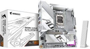 GIGABYTE B850M Aorus Elite Ice AM5 Micro ATX Motherboard, AMD B850 Chipset, 4x DDR5 DIMM Slots, Up to 256GB Max Memory, 1x PCIe 5.0 x16, 2x M.2, WiFi & BT Connectivity, White