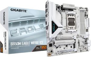 GIGABYTE B850M EAGLE WIFI6E ICE AM5 Micro ATX Motherboard, AMD B850 Chipset, 4x DDR5 DIMM Slots, Up to 256GB Max Memory, 1x PCIe 5.0 Slots, 2x M.2 Slots, WiFi 6E & BT 5.3, White
