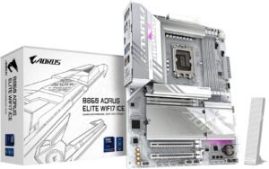 GIGABYTE B860 Aorus Elite Ice LGA 1851 ATX Motherboard, Intel B860 Chipset, 4x DIMM DDR5 Slots, Up to 256GB Max Memory, 1x PCIe 5.0 x16 Slots, 3x M.2 Slots, WiFi & BT, White