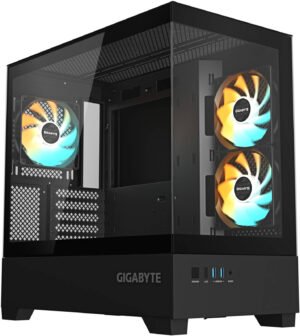 GIGABYTE C201 Paranomic Computer Case, 3x ARGB Pre-Installed Fans, Up to 360mm Radiator Support, Detachable Dust Filters, Tempered Glass Side Panel, Black