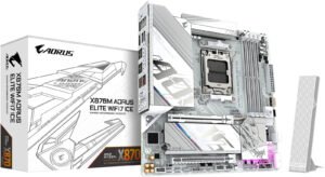 GIGABYTE X870M AORUS ELITE WIFI7 ICE AM5 Micro ATX Motherboard, AMD X870 Chipset, 4x DDR5 DIMM Slots, Up to 256GB Max Memory, 1x PCIe 5.0 x16, 2x M.2 Slots, White