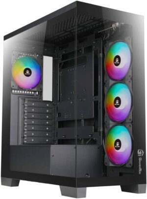 GamerTek Nebula Mid Tower Computer Case, 4x 120mm aRGB Fan Pre-Installed, Up to 360mm Radiator & 10x Fan Support, USB 2.0, USB 3.0, HD Audio, Type-C AIO, Black