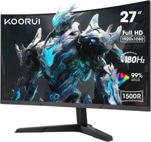 KOORUI 27E6CA Gaming Curved Monitor, 27" FHD VA Monitor, 180Hz Resfresh Rate, 1ms Response Time, Adaptive-Sync Technology, 1500R Curvature, 16.7m Color Display, Black