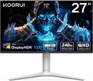 KOORUI GN10 Gaming Monitor, 27" QHD Mini-LED VA Display, 240Hz Refresh Rate, 1ms Response Time, Ergonomic Stand, HDR 1000, Crosshair Function, 1.07B Display Color, White