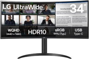 LG 34WR55QK Curved Monitor, 34" VA Display, WQHD Resolution, 100Hz Refresh Rate, 5ms (GtG @ Faster) Response Time, 16.7m Color Display,, USB Type-C with 65W Power Delivery, Black
