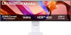 LG 49U950A-W UltraWide Curved Monitor, 49" Nano IPS Display, Dual QHD Resolution, 144Hz Refresh Rate, 1ms (MBR) Refresh Rate, Black Stabilizer, HDR 400, Game Mode, Crosshair, White
