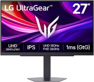 LG UltraGear G8 Gaming Monitor, 27" IPS Display, 4K UHD Resolution, 180Hz Refresh Rate, 1ms (GtG @ Faster) Response Time, NVIDIA G-Sync & AMD FreeSync Premium Pro, Black