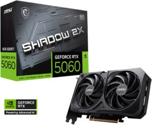 MSI GeForce RTX 5060 SHADOW 2X OC Graphics Card, 8GB GDDR7 128-Bit Memory, 2527 MHz Boost Clock, 28 Gbps Memory Speed, 3840 CUDA Cores, PCI Express Gen 5 x16