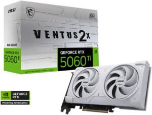 MSI GeForce RTX 5060 Ti Ventus 2X OC Plus Graphics Card, 8GB GDDR7 128-Bit Memory, 2602 MHz Boost Clock, 28 Gbps Memory Speed, 4608 CUDA Cores, PCI Express Gen 5, White