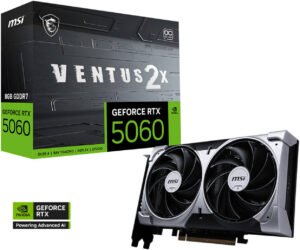 MSI GeForce RTX 5060 VENTUS 2X OC Graphics Card, 8GB GDDR7 128-Bit Memory, 2527 MHz Boost Clock, 28 Gbps Memory Speed, 3840 CUDA Cores, PCI Express Gen 5 x16