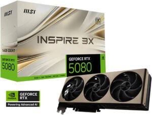 MSI GeForce RTX 5080 INSPIRE 3X OC Graphics Card, 16GB GDDR7 256-Bit Memory, 2640 MHz Boost Clock, 10752 CUDA Cores, 30 Gbps Memory Speed, PCI Express Gen 5