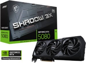 MSI GeForce RTX 5080 SHADOW 3X OC Graphics Card, 16GB GDDR7 256-Bit Memory, 2640 MHz Boost Clock, 10752 CUDA Cores, 30 Gbps Memory Speed, PCI Express Gen 5
