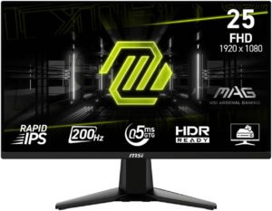 MSI MAG 255F E20 Gaming Monitor, 25" Rapid IPS Display, FHD Resolution, 200Hz Refresh Rate, 0.5ms (GtG) Response Time, AMD FreeSync Premium Technology, Black